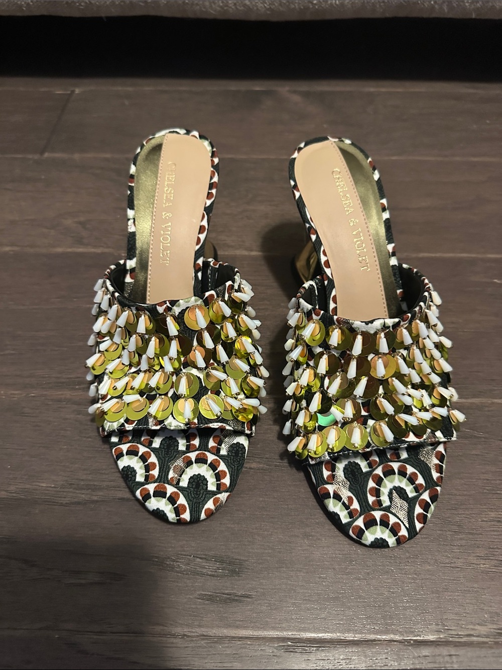 Chelsea & Violet Yellow and White Sequin Slide Mules